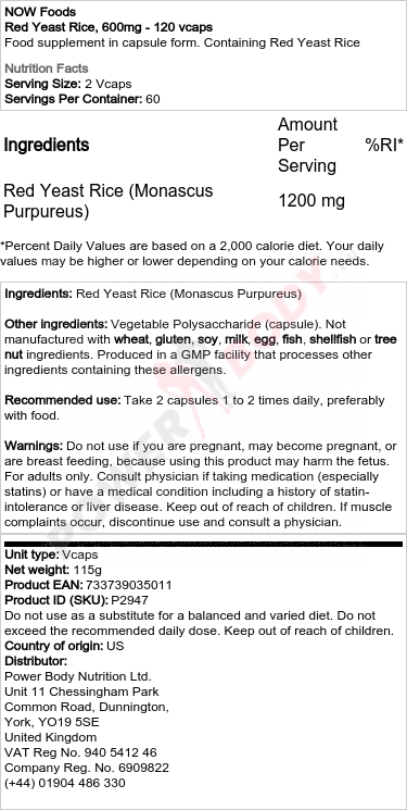 Red Yeast Rice, 600mg - 120 vcaps