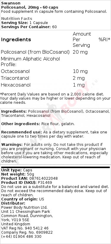 Policosanol, 20mg - 60 caps