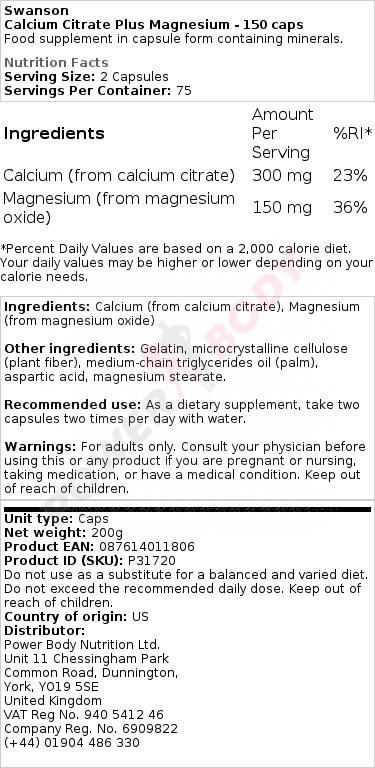 Calcium Citrate Plus Magnesium - 150 caps