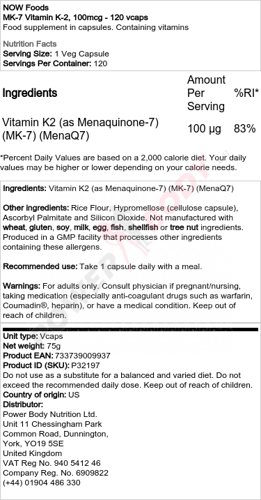 MK-7 Vitamin K-2, 100mcg - 120 vcaps