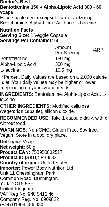 Benfotiamine 150 + Alpha-Lipoic Acid 300 - 60 vcaps