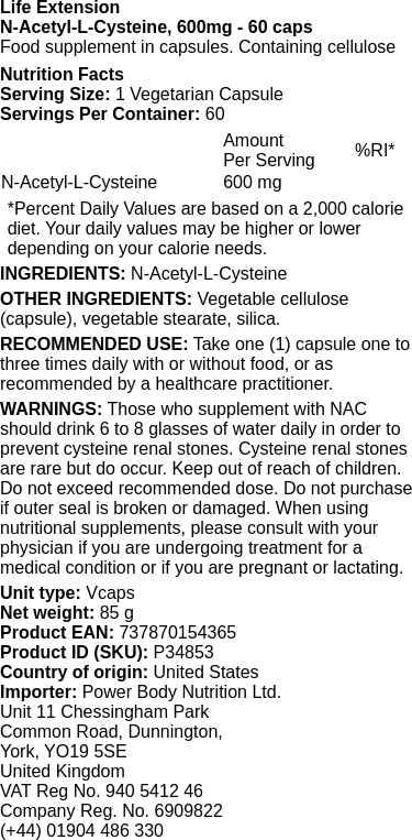 N-Acetyl-L-Cysteine, 600mg - 60 caps