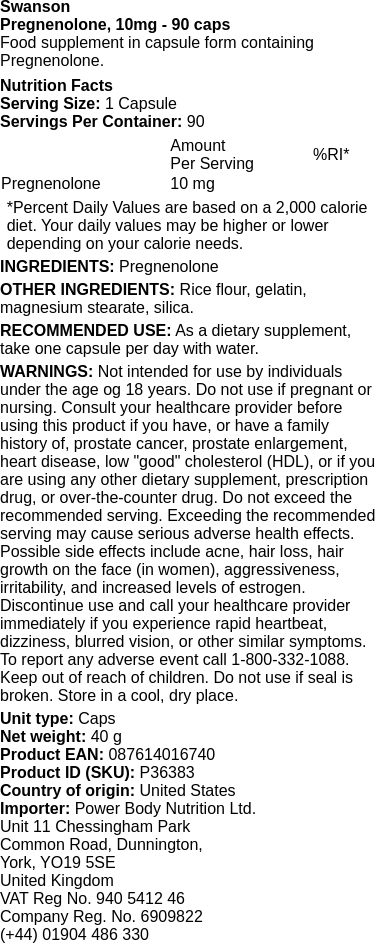 Pregnenolone, 10mg - 90 caps